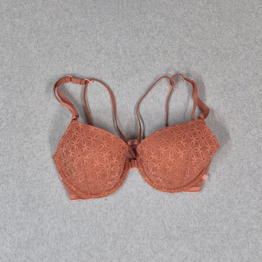 Victoria's Secret Women Bra 34D Rust Floral T Shirt Underwired Lace Front Close